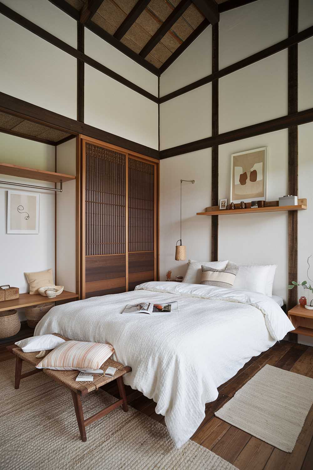 A cozy Japandi-style bedroom with a high ceiling. The room has a queen-sized bed with a white duvet and a few pillows. There's a wooden wardrobe with a sliding door and a wooden shelf above the bed. A woven basket is placed at the foot of the bed. A soft rug is placed on the wooden floor. The walls have a few minimalist artworks.