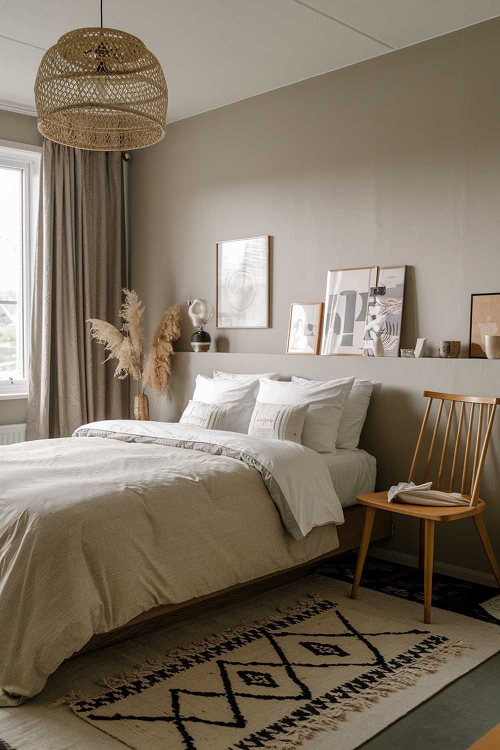 A Japandi bedroom design and decor. The room features a minimalist aesthetic with a mix of Japanese and Scandinavian design elements. There's a queen-size bed with a beige duvet and white pillows. The walls are painted in a light grey hue. The room has a rug with a geometric pattern and a wooden chair near the bedside. There's also a floor lamp and a few decorative items.