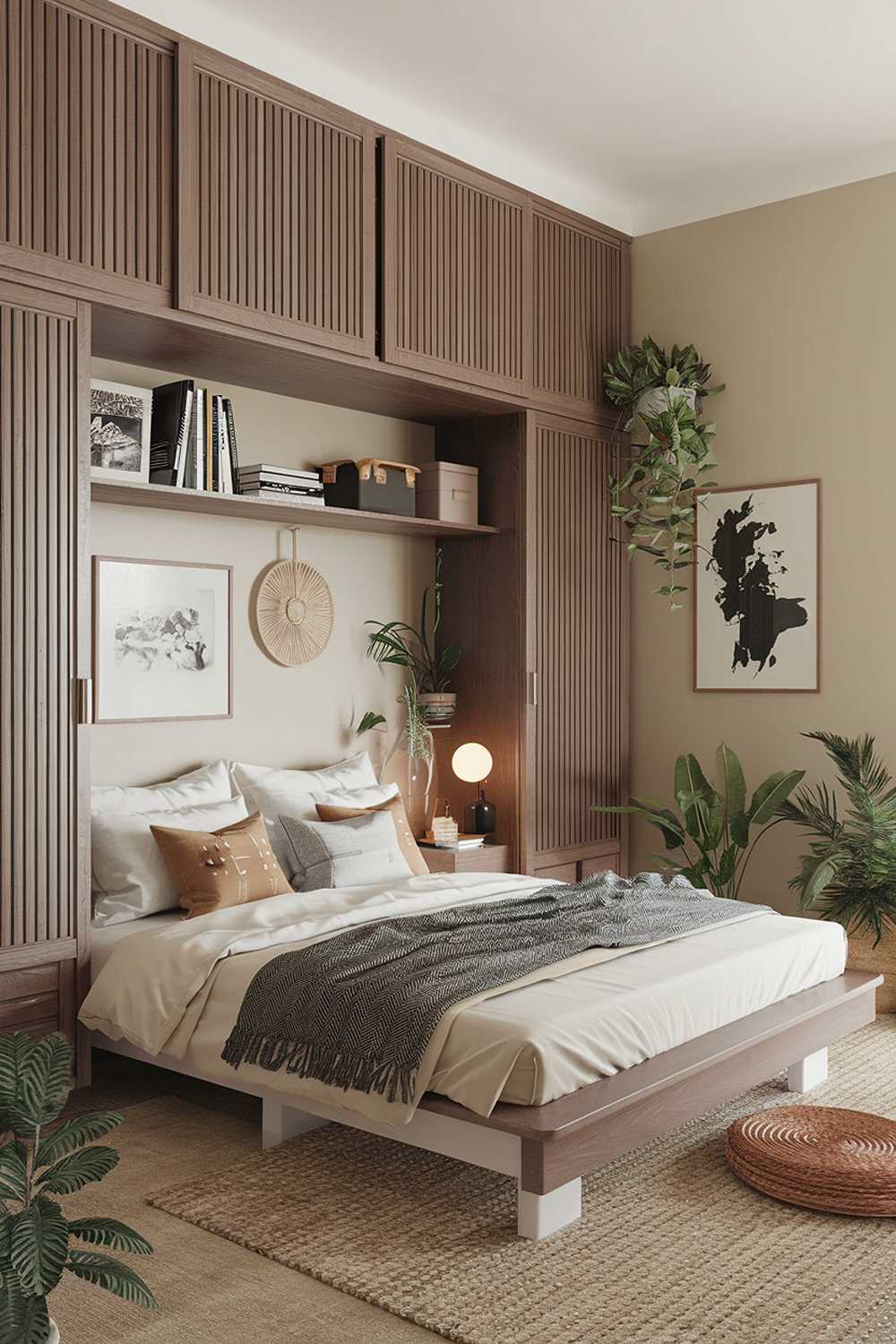 A Japandi bedroom design and decor. The room features a platform bed with a white wooden frame and a woven rug. There's a built-in wooden wardrobe with sliding doors, a wall-mounted shelf with a few books and decor items. The room has a few plants, a lamp on the nightstand, and a rug on the floor. The walls are painted in a soft beige color.