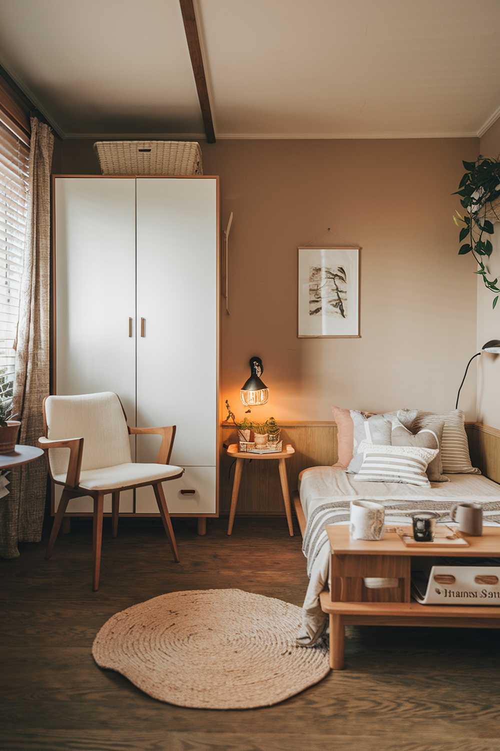 A Japandi bedroom design. The room has a wooden floor and is furnished with a low wooden bed, a white wardrobe, and a small wooden table. There is a white chair in the corner. The walls are painted a soft beige colour. The room has a few personal items, such as a plant and a lamp. The lighting is warm.