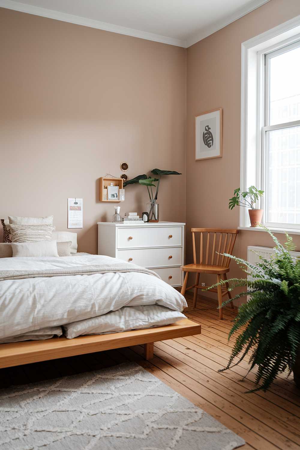 A Japandi bedroom design. The room has a wooden floor and is furnished with a platform bed with a white duvet and pillows, a white dresser, and a wooden chair. There's a small plant near the window. The walls are painted in a soft beige hue. The room has a large potted fern near the window.