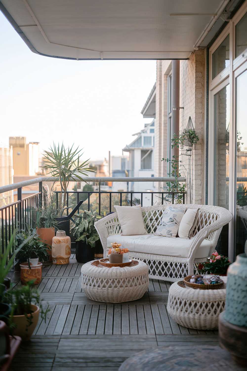 A large and cozy balcony with stylish decor. There's a white wicker sofa, a few potted plants, and a few decorative items. The balcony has a wooden floor and a railing. The background reveals a cityscape with buildings. The lighting is soft.