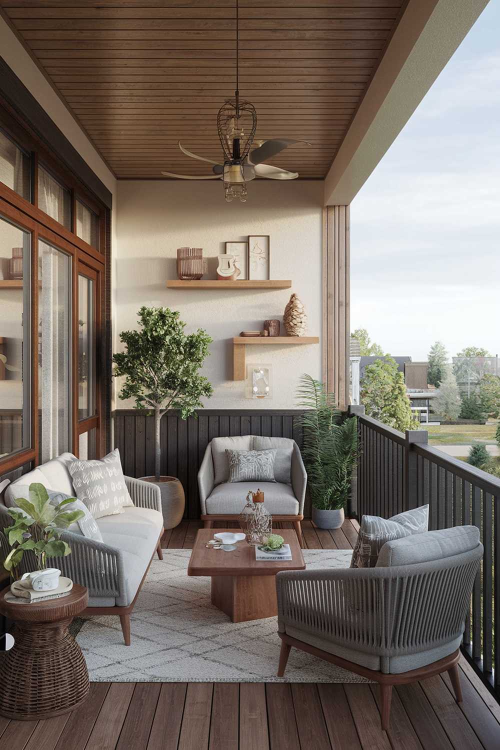 A large balcony design and decor. The balcony has a wooden floor and railing, with comfortable furniture including a sofa, a chair, and a coffee table. There's a potted plant and a decorative basket. The wall has a wooden shelf with decorative items. The balcony has a view of a serene landscape with trees and buildings.