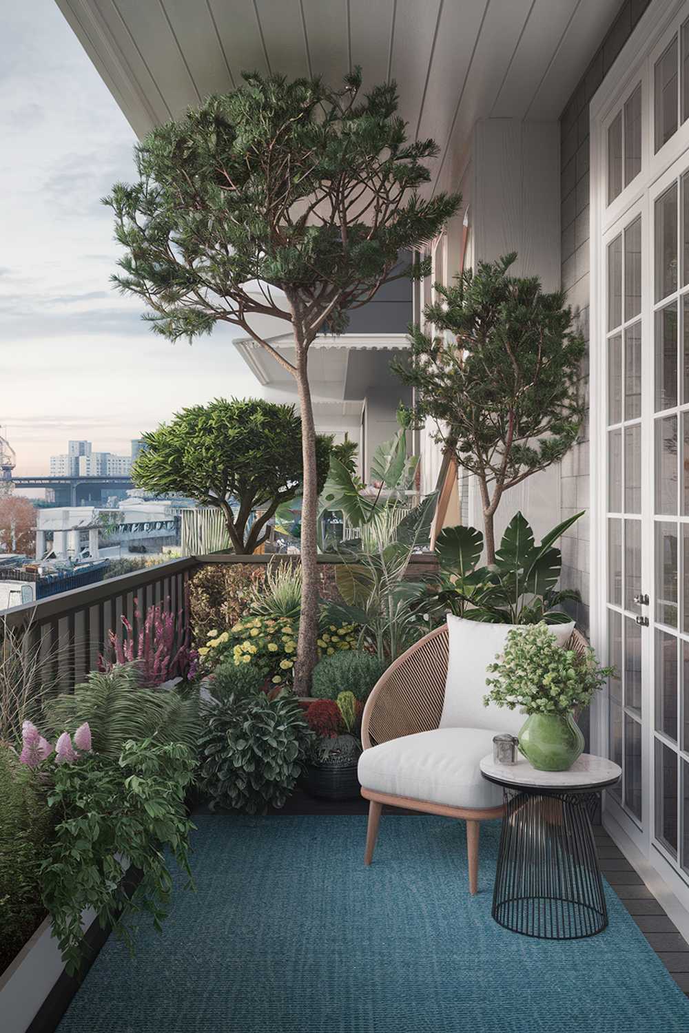 A large balcony design and decor. The balcony is adorned with a variety of plants, including tall trees, bushes, and flowers. There is a white wooden railing and a blue rug covering the floor. In the corner, there's a white chair and a small round table with a green pot. The background reveals a cityscape with buildings and a bridge.