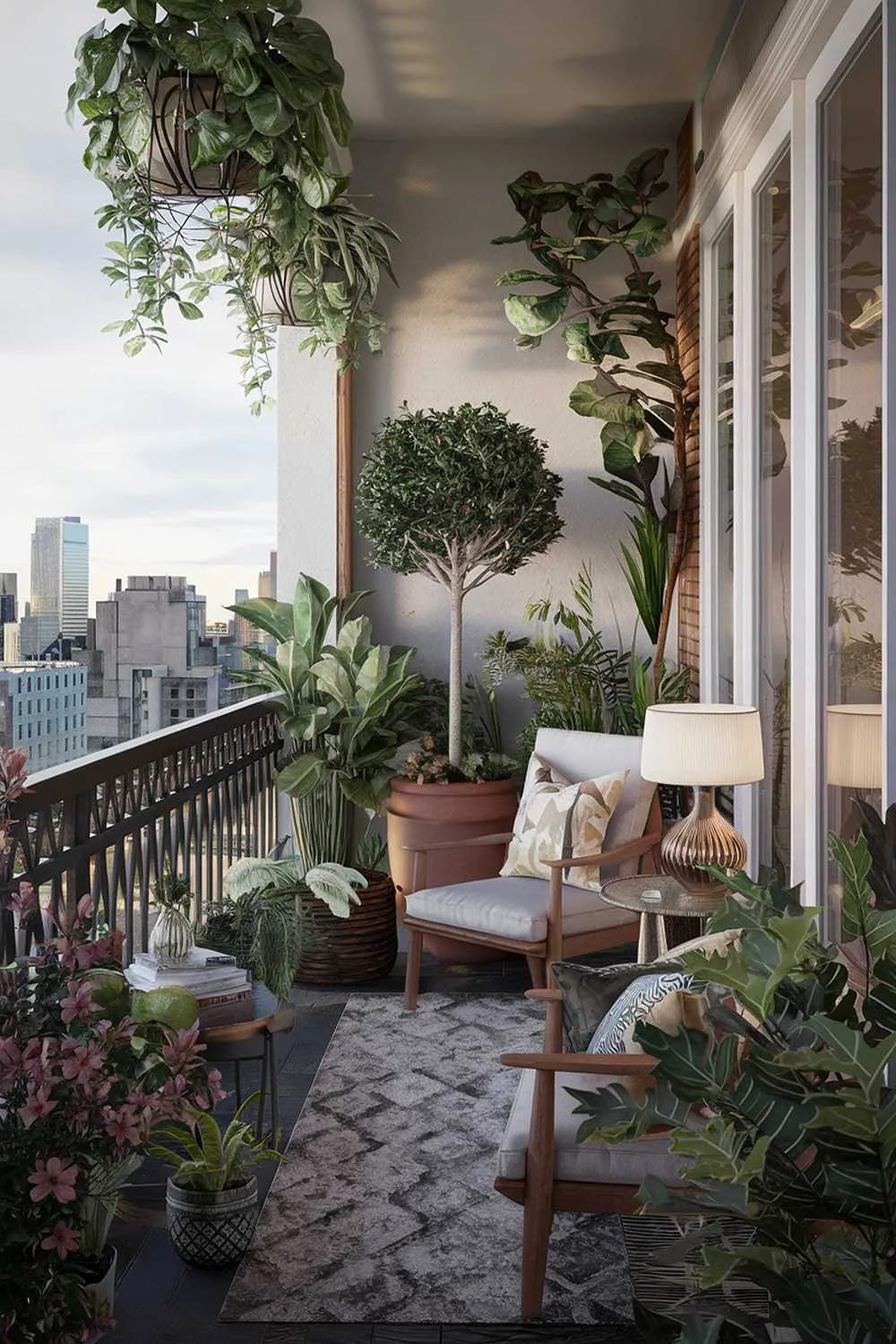 A large balcony design and decor. The balcony is filled with a variety of plants, including a small tree in a pot. There is a wooden chair and a table with a lamp. A rug is placed on the floor. The balcony has a railing with decorative elements. The background reveals a city skyline with buildings.