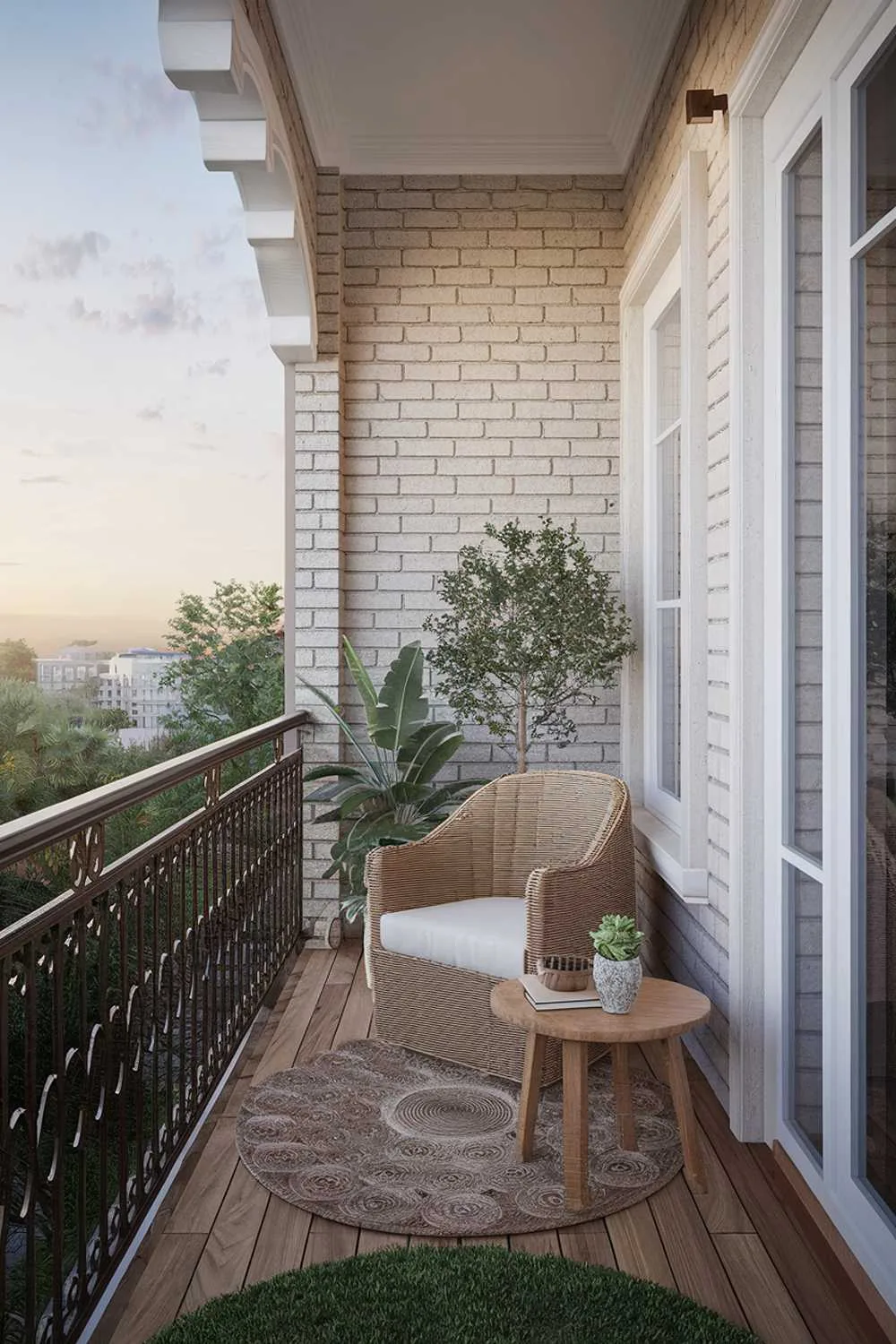 A large balcony design and decor. The balcony has a wooden floor and is furnished with a wicker chair and a small wooden table. There is a potted plant in the corner. The railing is made of iron and has decorative designs. The wall has a white-painted brick pattern. The background reveals a serene view of a cityscape with buildings and trees.