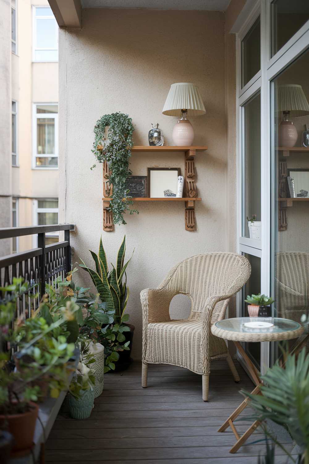 A large balcony with stylish decor. There is a wicker chair and a small table with a plant. On the wall, there is a wooden shelf with a lamp, a potted plant, and a few decorative items. The floor is made of wood. The background reveals a building with windows. The overall ambiance is serene.