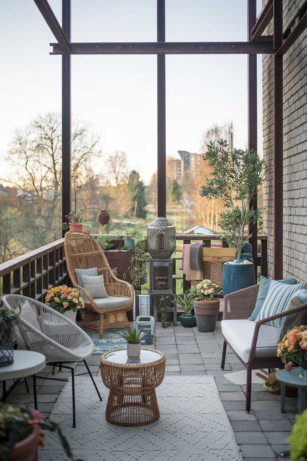 A large, stylish, and cozy balcony. There are multiple seating areas, each with its own unique decor. One area has a wicker chair and a small table. Another area has a wooden chair and a table. There's also a small sofa with a table beside it. The space is adorned with potted plants, a decorative lantern, and a few decorative items. The balcony has a rustic charm, with visible bricks and a w