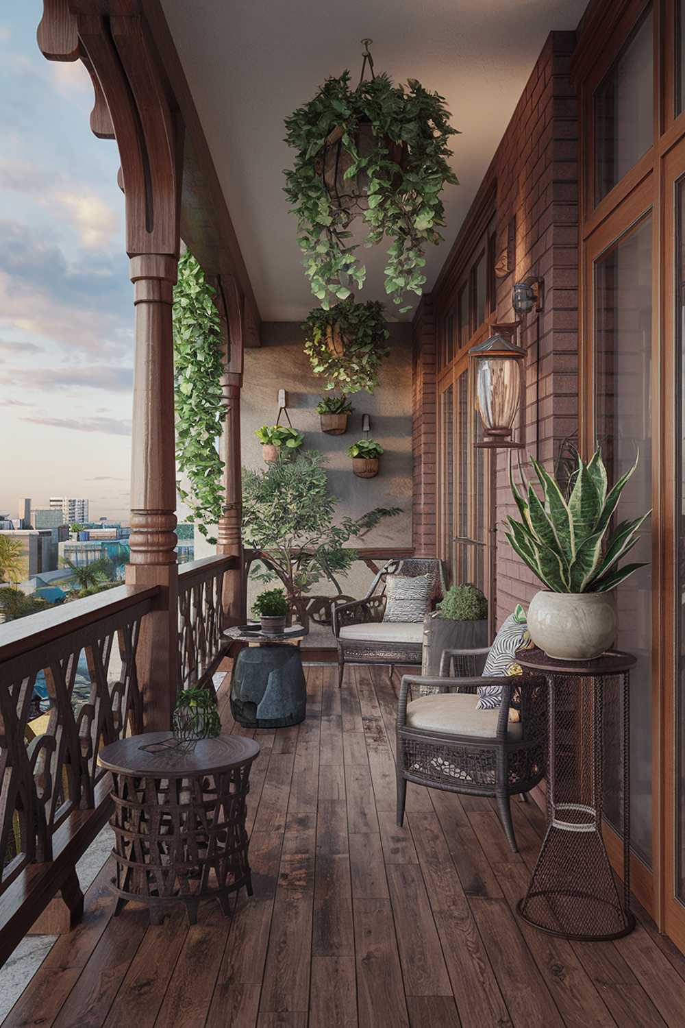 A large balcony design and decor with a rustic theme. There is a wooden railing with decorative elements. The floor is made of wooden planks. There are several furniture pieces, including a table, chairs, and a plant stand. A potted plant is placed on the plant stand. The wall has a brick texture and there are hanging plants. The view outside the balcony has a cityscape with buildings. The sky has a few clouds.