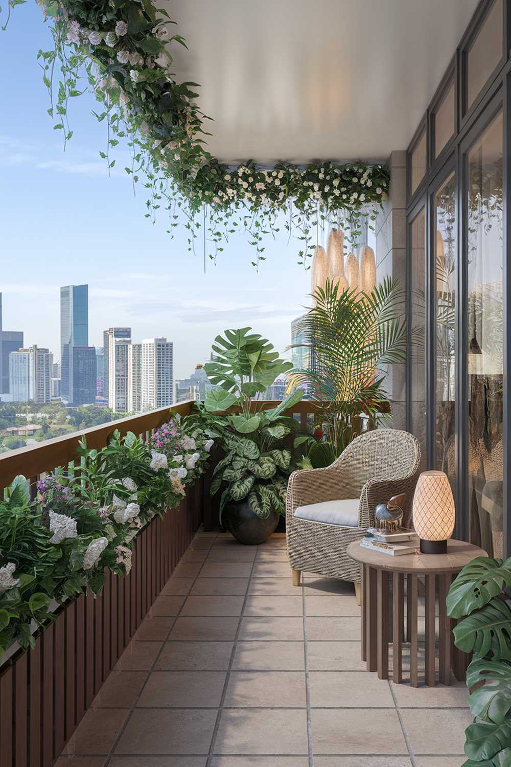 A large balcony design and decor. The balcony has a wooden railing and is adorned with lush green plants. There are various items placed on the balcony, including a wicker chair, a wooden side table, a potted plant, a decorative lamp, and a few books. The balcony has a tiled floor. The background reveals a city skyline with modern buildings.