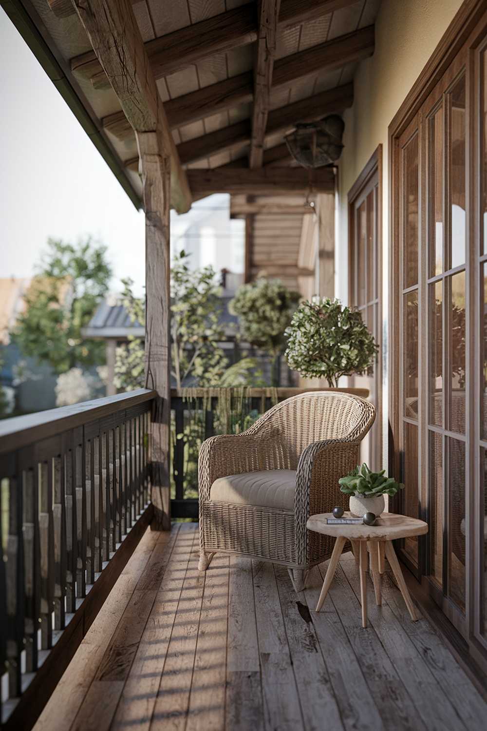 A large balcony design and decor. The balcony has a rustic wooden railing and is furnished with a wicker chair and a small wooden table. There's a potted plant on the table. The floor is made of weathered wooden planks. The background reveals a serene outdoor setting with lush greenery and a few buildings.