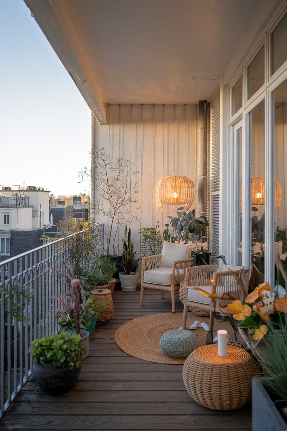 A large balcony with a stylish design and decor. The balcony features a white railing and is decorated with various plants, a wooden chair, a wicker basket, and a lamp. The floor is made of wooden planks. The background reveals a cityscape with buildings. The lighting is warm.