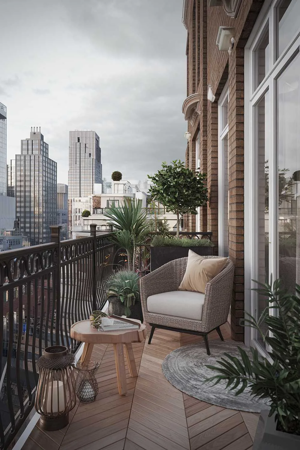 A large balcony design and decor, with a wrought iron railing, wooden floor, and a few potted plants. There's a comfortable wicker chair and a small table. A few decorative items, such as a lantern and a plant pot, are placed on the table. The balcony overlooks a bustling city with tall buildings. The sky is overcast.