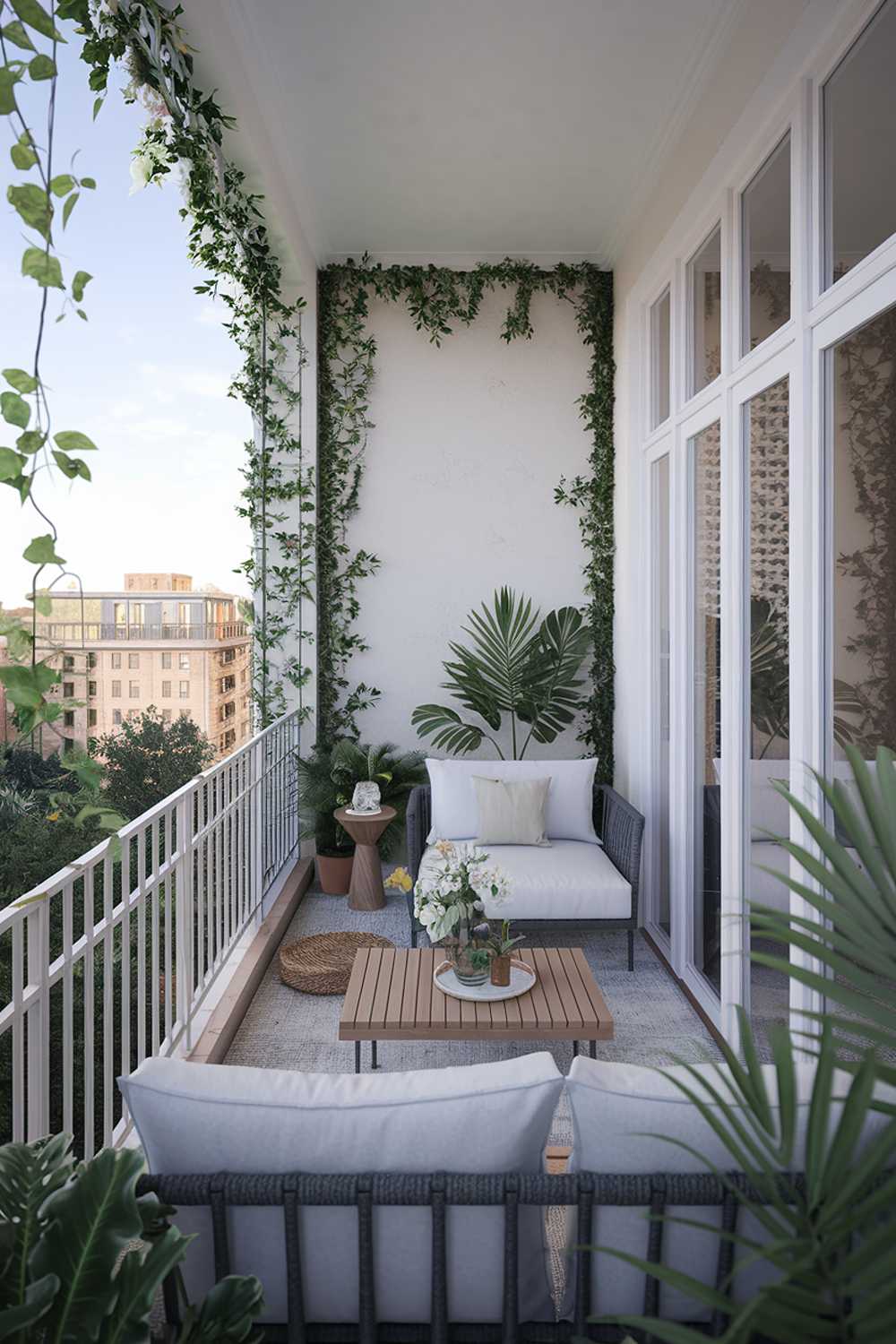 A large balcony design and decor. The balcony has a white railing and is adorned with greenery. There is a white sofa, a wooden table, and a few potted plants on the balcony. The background reveals a cityscape with buildings. The overall image has a serene atmosphere.