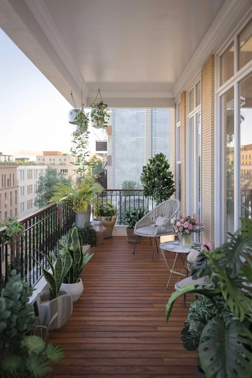 A large balcony design and decor. The balcony has a wooden floor, white railing, and is adorned with various potted plants. There are also a few chairs and a small table. The background reveals a cityscape with buildings. The lighting is soft.