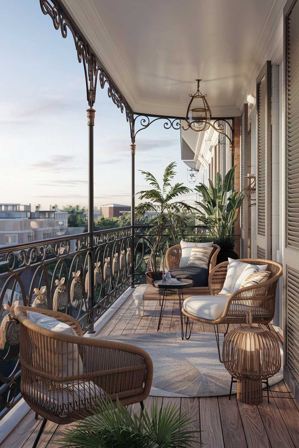 A large balcony design with stylish decor. There is a wrought-iron railing with decorative elements. The floor is made of wooden planks. There are multiple seating options, including a wicker chair and a wooden bench. A potted plant adds a touch of greenery. A small table sits between the chair and the bench. There's a decorative lamp on the floor. The background reveals a cityscape with buildings.