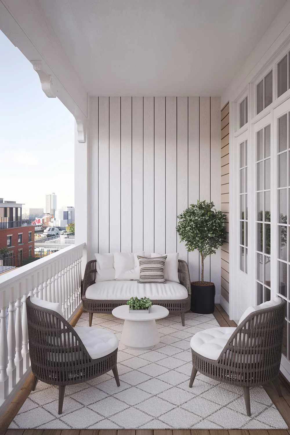 A large balcony design and decor with a white railing and floor. There's a white couch, a small white table, and two white chairs. There's a black pot with a green plant. The wall has a white wooden panel and a white door. The floor has a white rug. The background reveals a cityscape with buildings.
