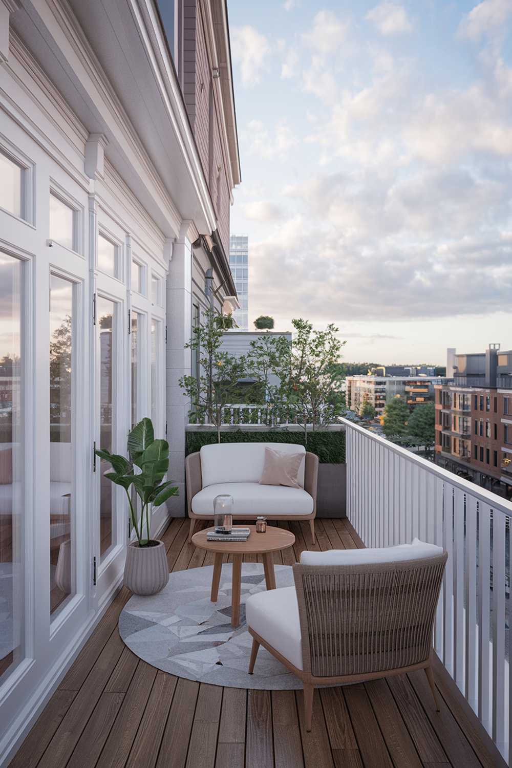 A modern balcony design and decor. The balcony has a wooden floor and is surrounded by a white railing. There's a white couch, a small wooden table, and a potted plant on the balcony. The background reveals a cityscape with buildings.