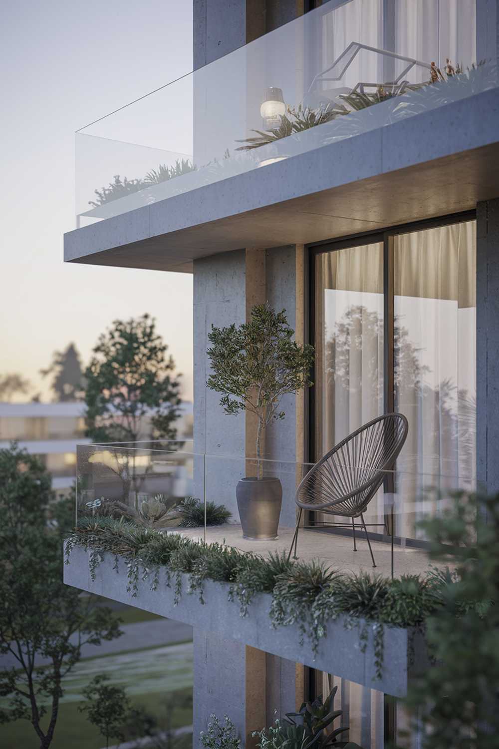 A modern balcony design and decor. The balcony has a glass railing and is made of concrete. There's a small potted plant and a stylish chair on the balcony. The background reveals a serene landscape with trees and a building. The overall image has a soft hue.