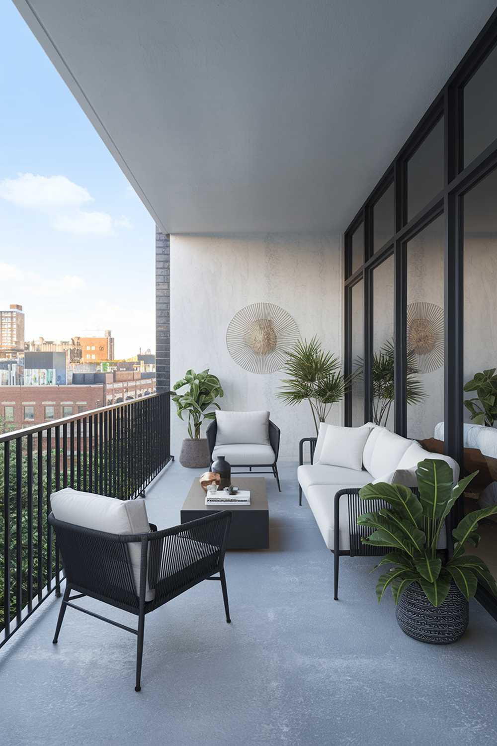 A modern balcony design and decor. The balcony has a black railing and is furnished with a white sofa, a black chair, a coffee table, and a plant. The floor is made of grey concrete. There is a white wall with a few decorative items. The background reveals a cityscape with buildings.