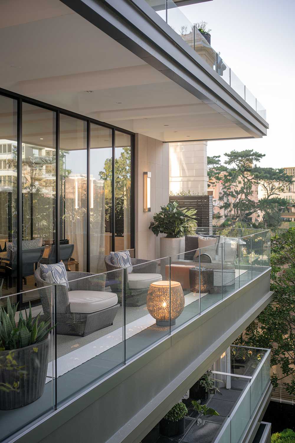 A modern balcony with a glass railing. The balcony has a sleek design with a low wall and comfortable chairs. There are potted plants and a decorative lamp on the balcony. The background reveals a serene urban setting with buildings and trees.