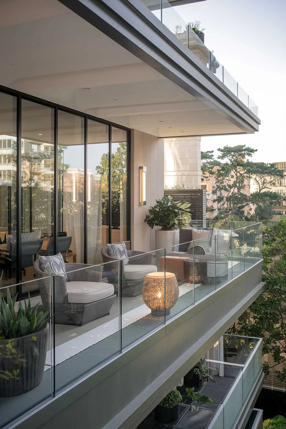 24 Must-See Modern Balcony Design Ideas for Stylish Living 7 A modern balcony with a glass railing. The balcony has a sleek design with a low wall and comfortable chairs. There are potted plants and a decorative lamp on the balcony. The background reveals a serene urban setting with buildings and trees.