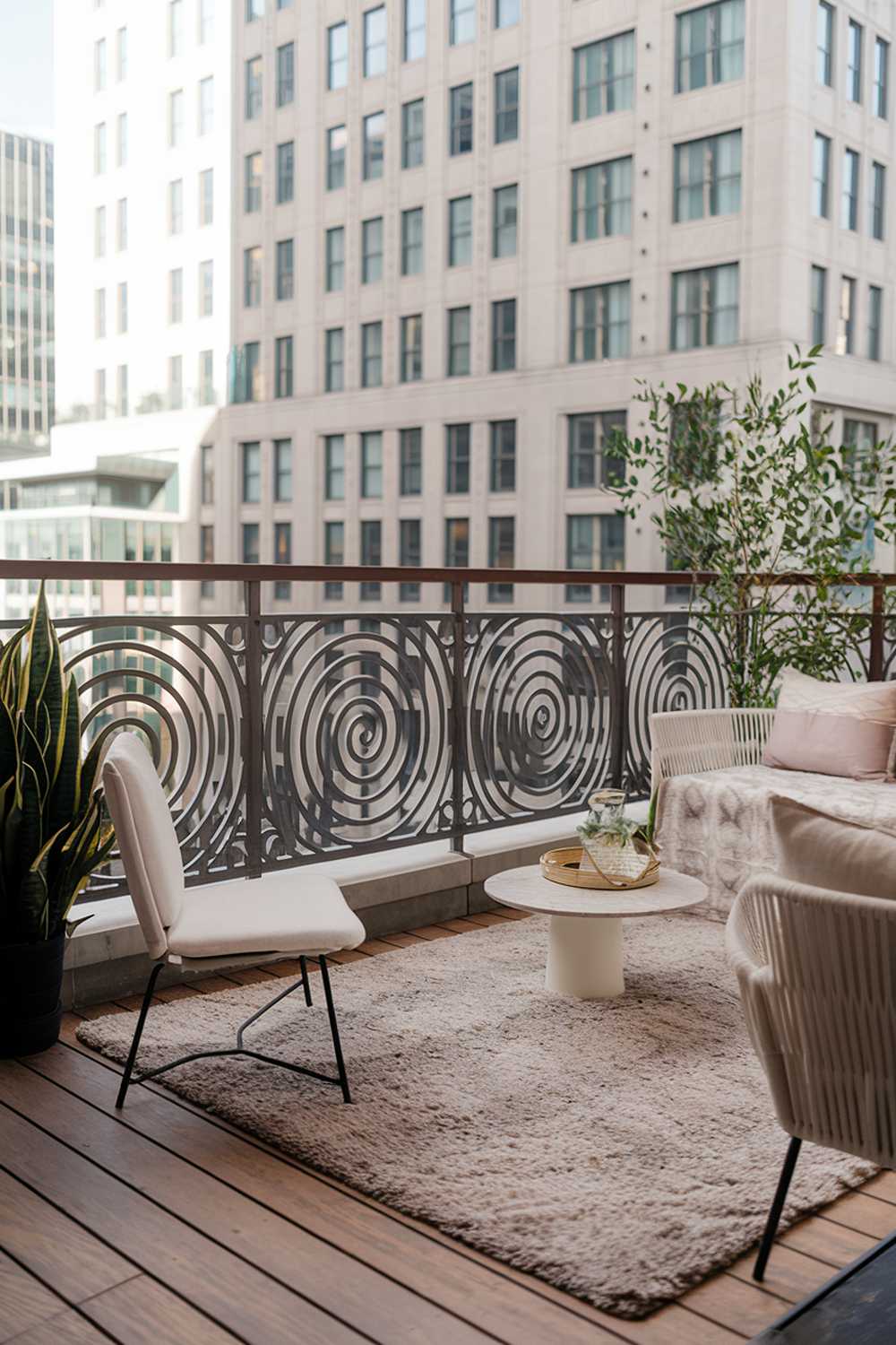 A modern balcony design with a detailed railing. The balcony has a wooden floor and is furnished with a plush rug, a white couch, a white chair, a white table, and a green plant. The railing is made of black metal and has a spiral pattern. The background reveals a cityscape with tall buildings. The lighting is soft.