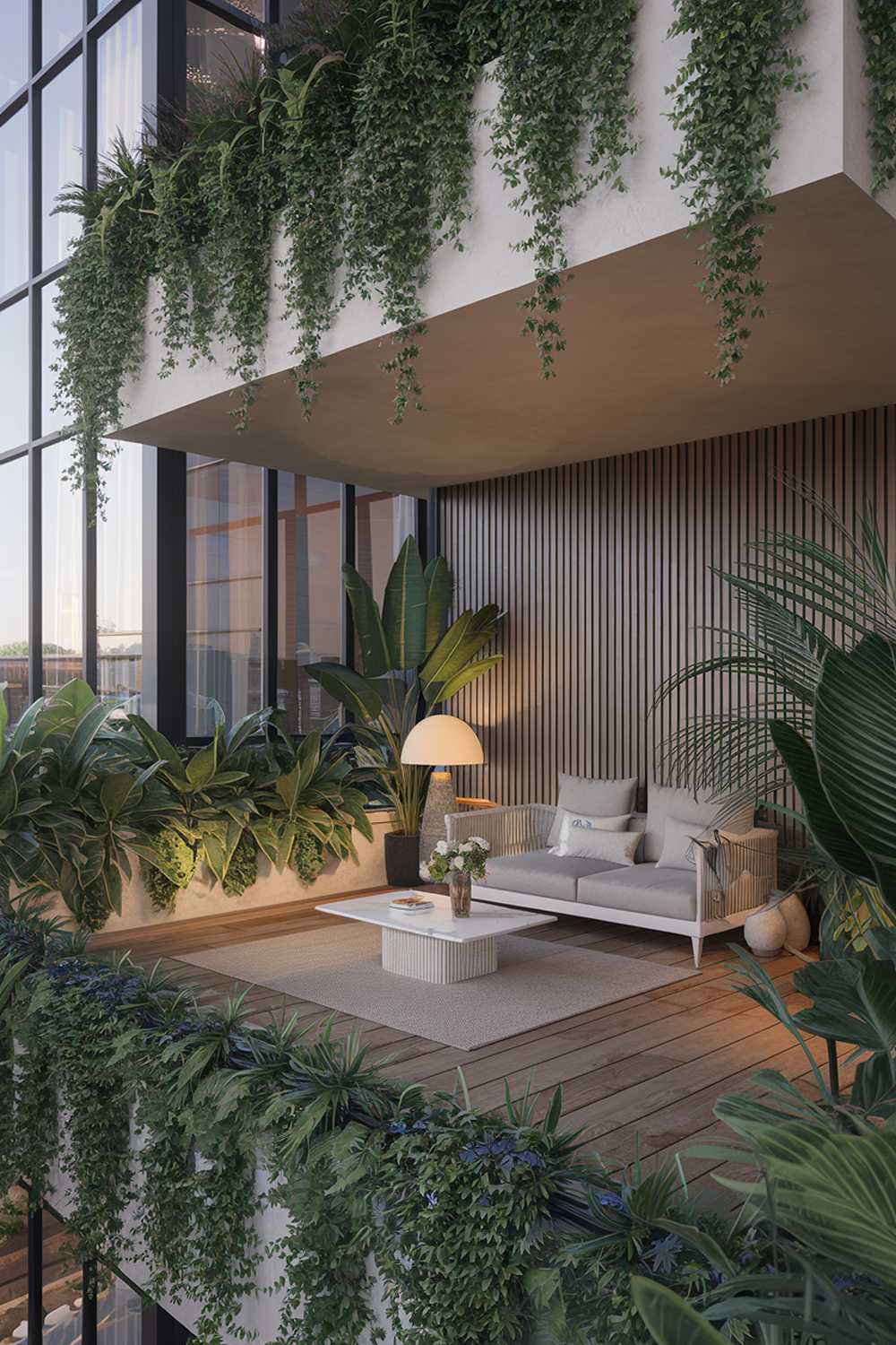 A modern balcony design and decor. The balcony has a white railing and is surrounded by lush green plants. The floor is made of wood. There is a grey couch, a white coffee table, and a white lampshade on the balcony. A beige rug is placed on the floor. The wall behind the railing has a wooden paneling. The background contains a building with a glass window. The lighting is soft.