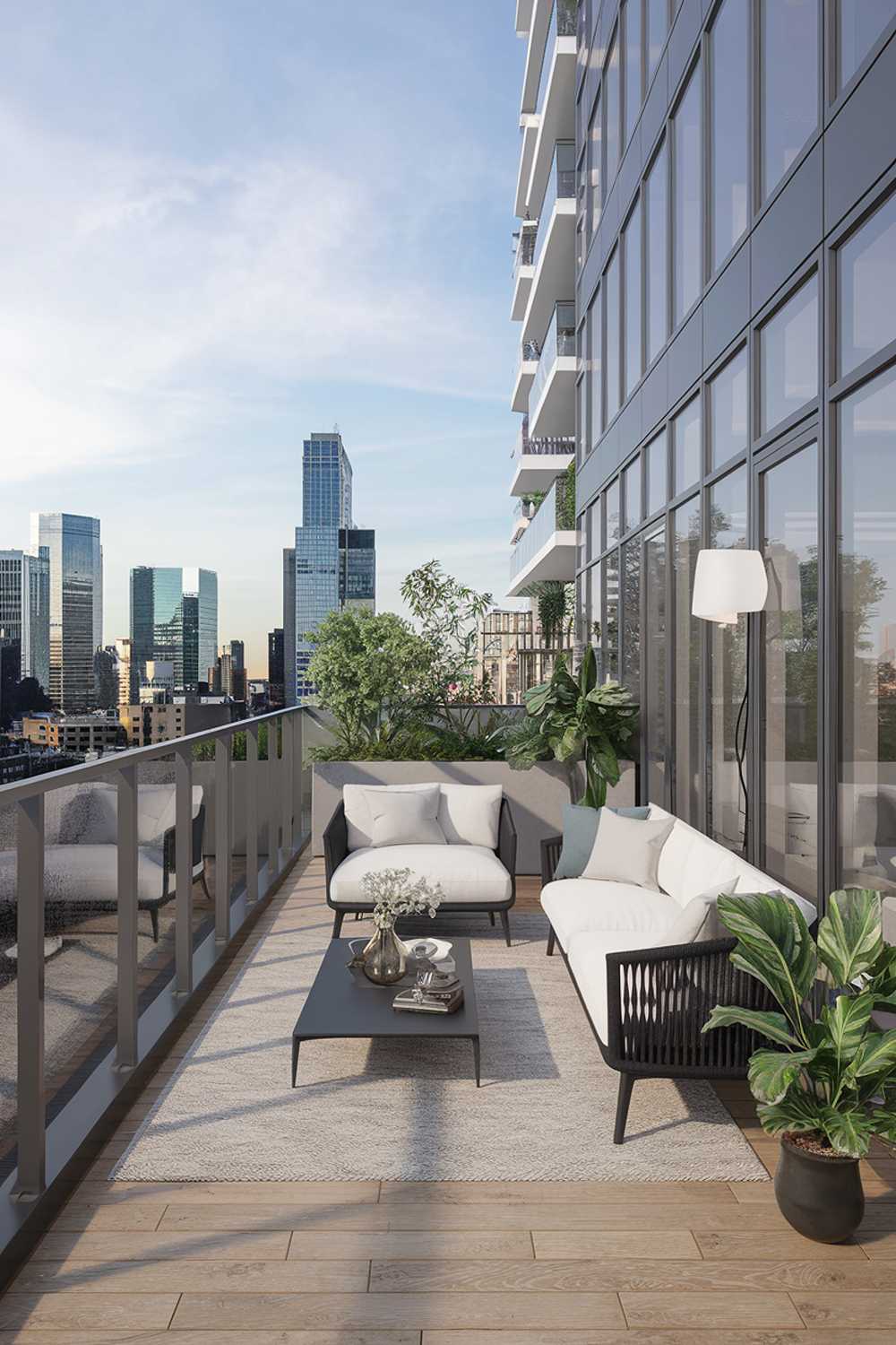 A modern balcony design and decor. The balcony has a glass railing and is furnished with a white sofa, a black coffee table, and a few potted plants. There is a white wall-mounted lamp beside the sofa. The floor is made of wooden planks. The background contains a city skyline with tall buildings.