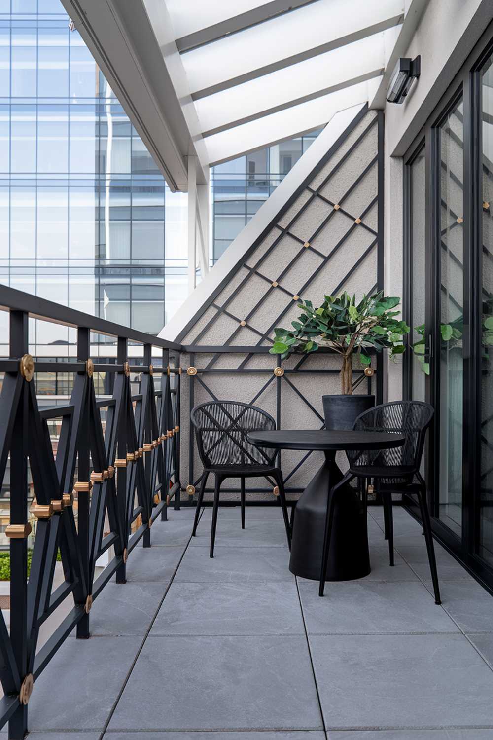 A modern balcony design and decor with a highly detailed railing. The railing has a geometric pattern with black metal bars and gold metal connectors. The floor is made of large grey tiles. There's a small round black table and two black chairs on the balcony. A potted plant with green leaves is placed on the table. The wall behind the railing has a textured surface. The balcony is partially covered, with a white structure above it. The background reveals a modern building with a glass facade.