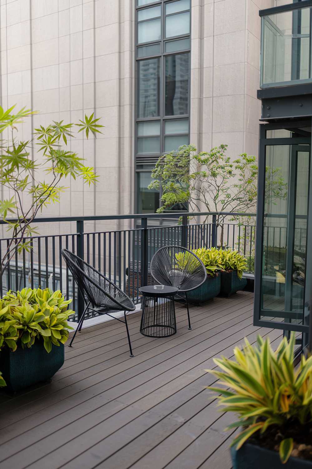 A modern balcony with a large wooden deck. The deck has a few chairs and a small table. There are potted plants with green and yellow leaves. The railing is made of black metal. The background reveals a tall building with a few windows. The overall ambiance is serene and urban.