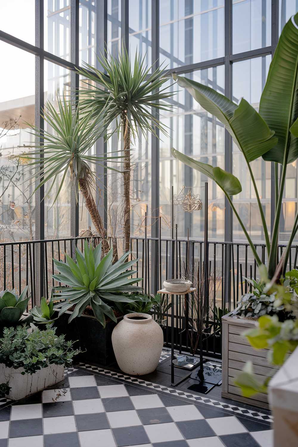 A modern balcony with a railing made of black metal rods. The balcony is decorated with a variety of plants, including tall palm trees, small succulents, and large green leaves. There are also a few decorative items, such as a white ceramic pot, a black metal stand, and a wooden box. The balcony has a black and white checked floor. The background reveals a building with glass walls.