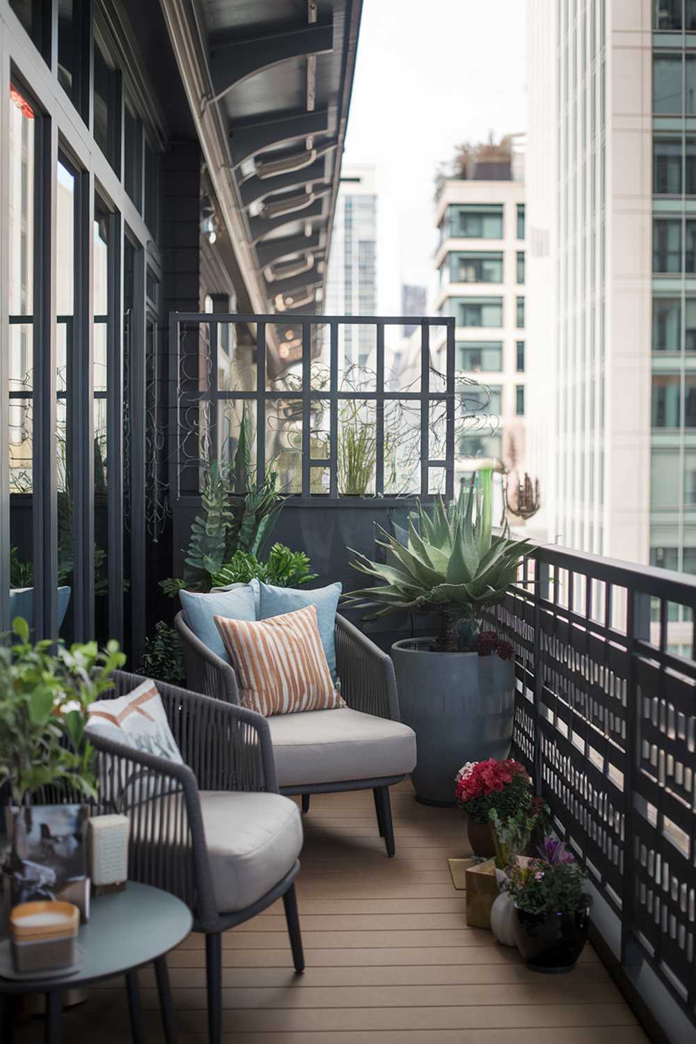 A cozy, modern balcony with a stylish and large design. There is a comfortable armchair, a small table, and a few potted plants. The balcony has a railing with a patterned design. The floor is made of wood. The background contains a cityscape with tall buildings.