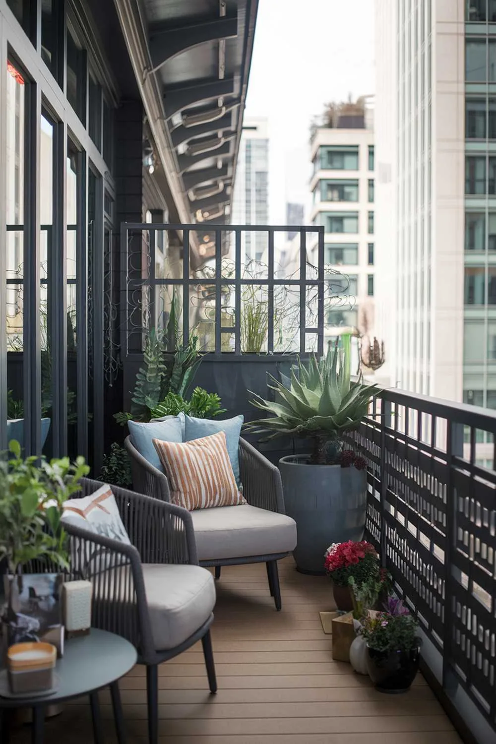 24 Must-See Modern Balcony Design Ideas for Stylish Living 18 A cozy, modern balcony with a stylish and large design. There is a comfortable armchair, a small table, and a few potted plants. The balcony has a railing with a patterned design. The floor is made of wood. The background contains a cityscape with tall buildings.