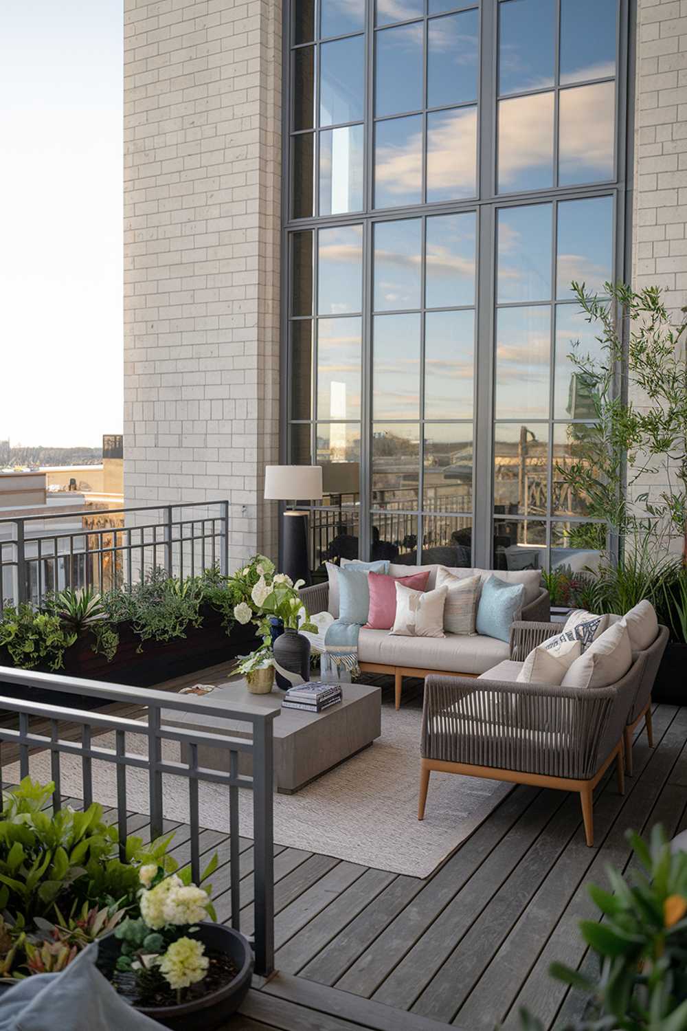 A modern balcony. The balcony has a wooden deck and is furnished with a comfortable sofa, a coffee table, and a few potted plants. The wall behind the sofa has a large window with a view of the city. The railing is made of metal and has a sleek design. There is a lamp on the corner of the balcony. The floor is covered with a rug.