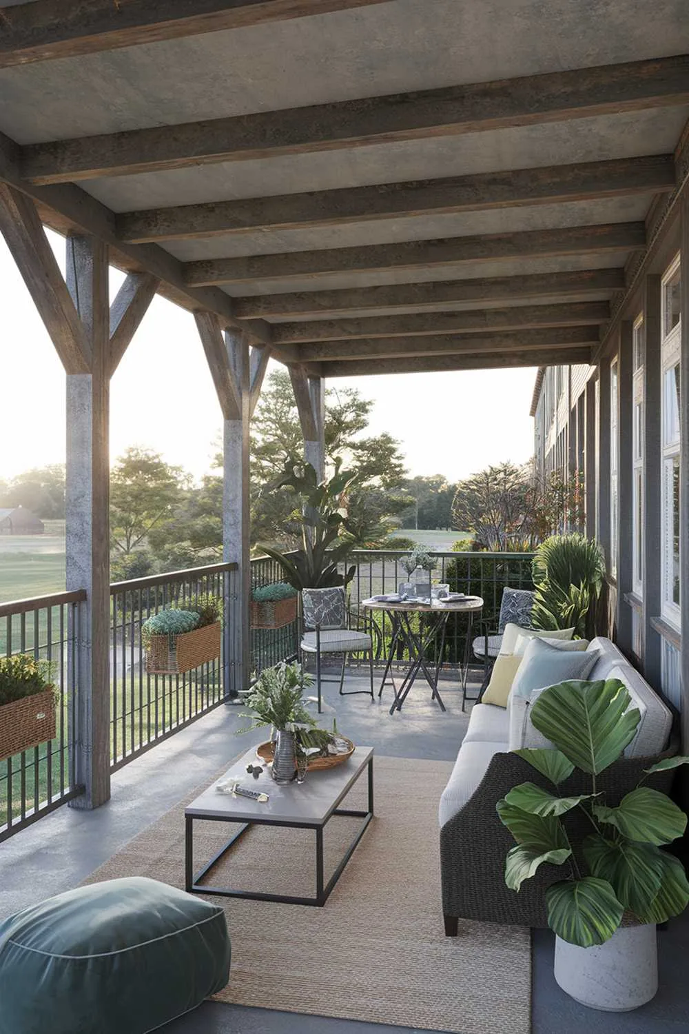 24 Must-See Modern Balcony Design Ideas for Stylish Living 20 A modern balcony design and decor. The balcony has a comfortable seating area with a sofa, a coffee table, and some potted plants. There is a small outdoor dining set up with a table and chairs near the railing. The balcony has a rustic charm with exposed wooden beams and a concrete floor. The railing is made of iron and has a weathered finish. The background reveals a serene landscape with trees and a building.