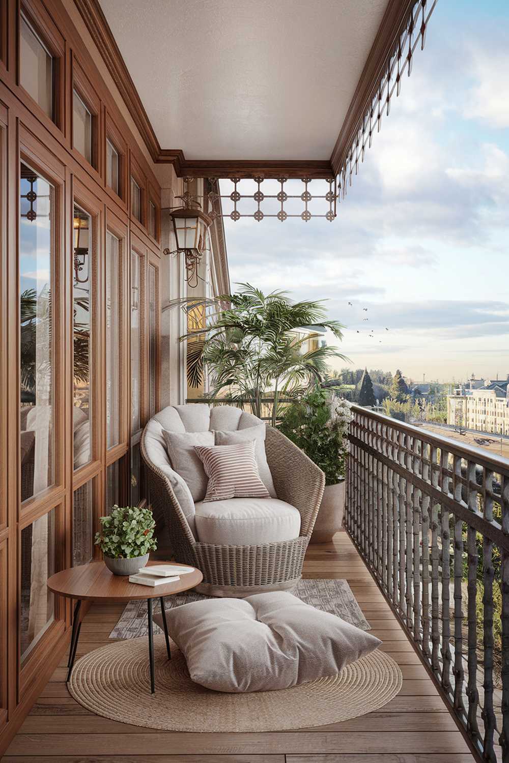 A modern balcony design and decor. The balcony is furnished with a comfortable wicker chair and a small wooden table. There's a potted plant on the table. The railing is made of metal and has a decorative pattern. The floor is made of wooden planks. The background reveals a scenic view of a city with buildings.