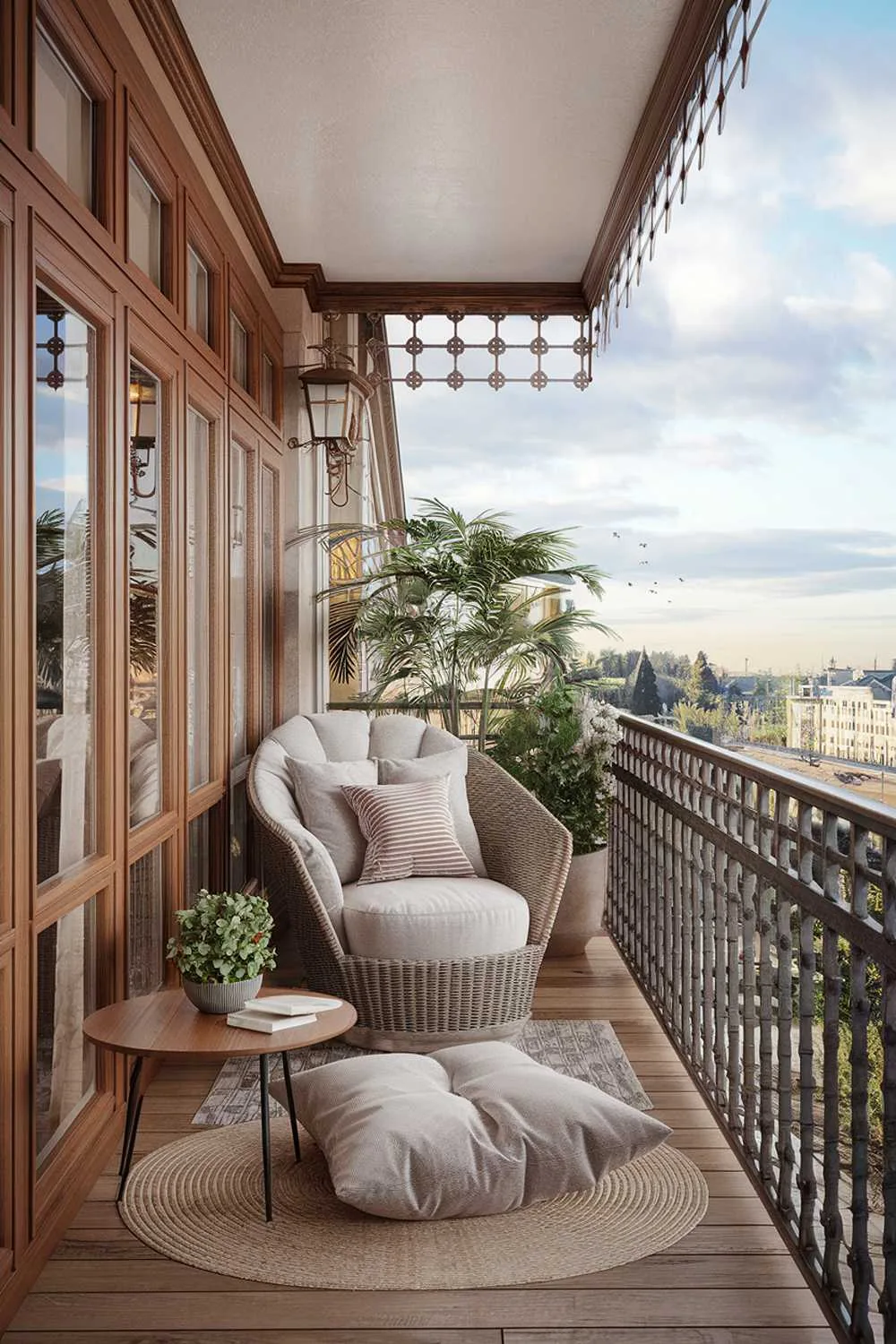 24 Must-See Modern Balcony Design Ideas for Stylish Living 21 A modern balcony design and decor. The balcony is furnished with a comfortable wicker chair and a small wooden table. There's a potted plant on the table. The railing is made of metal and has a decorative pattern. The floor is made of wooden planks. The background reveals a scenic view of a city with buildings.