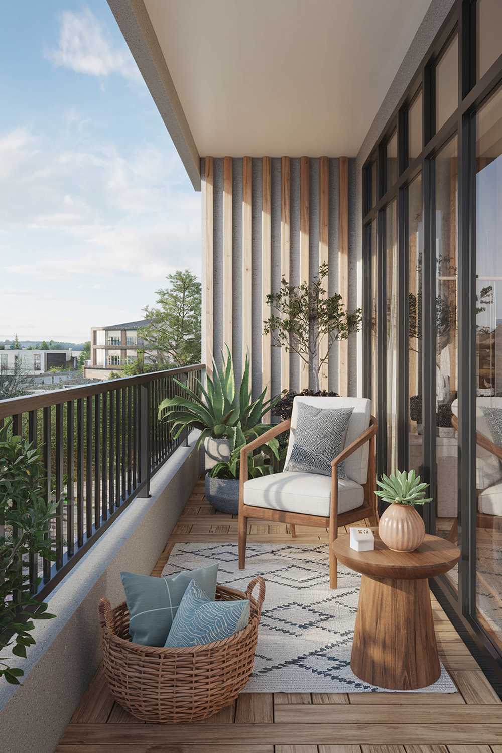 A modern cozy balcony design. The balcony has a stylish wooden floor and railings. There are various decor items on the balcony, including a wicker basket, a ceramic plant pot with a succulent, a wooden chair, a wooden side table, and a decorative pillow. The background reveals a cityscape with buildings and trees.