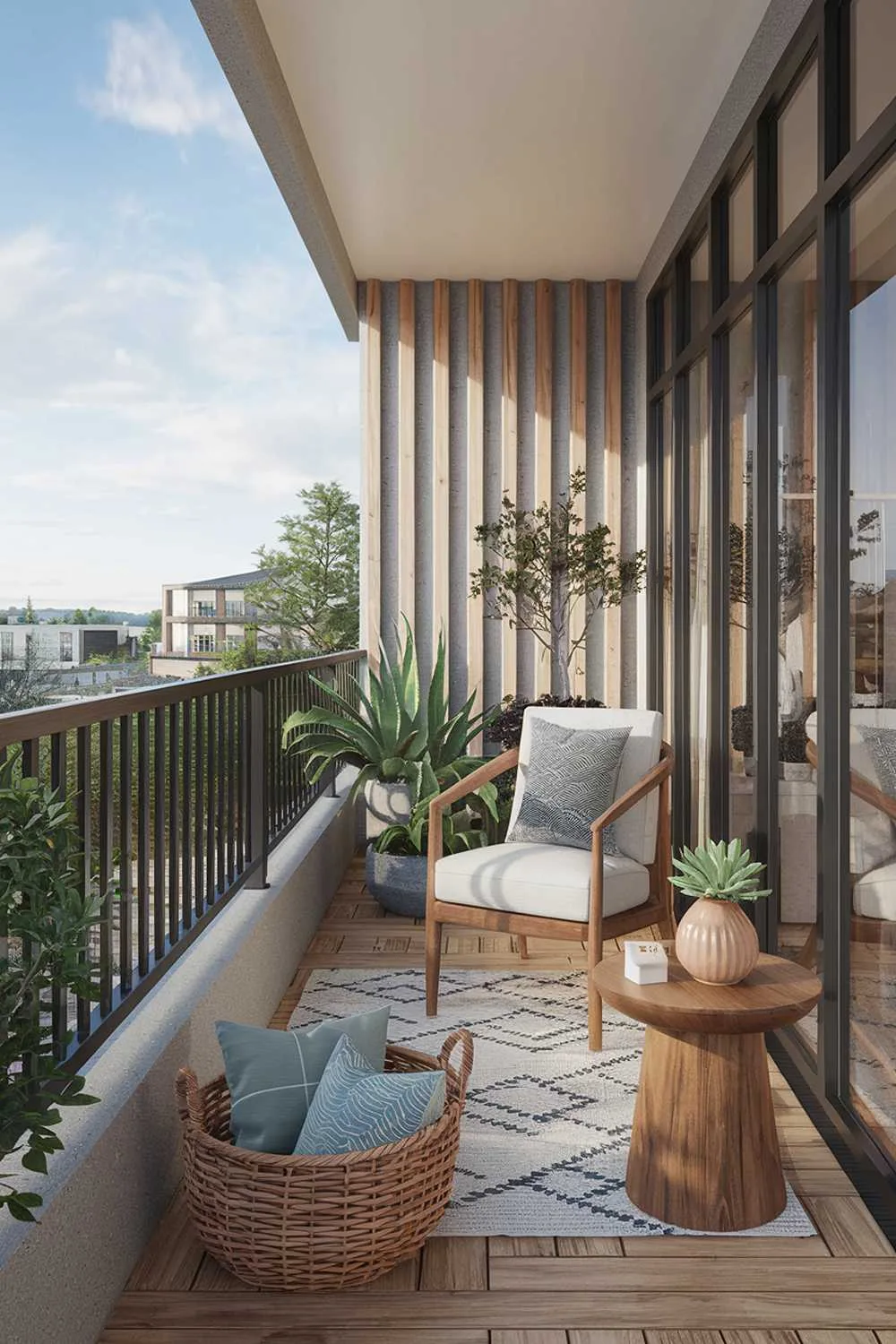 24 Must-See Modern Balcony Design Ideas for Stylish Living 22 A modern cozy balcony design. The balcony has a stylish wooden floor and railings. There are various decor items on the balcony, including a wicker basket, a ceramic plant pot with a succulent, a wooden chair, a wooden side table, and a decorative pillow. The background reveals a cityscape with buildings and trees.
