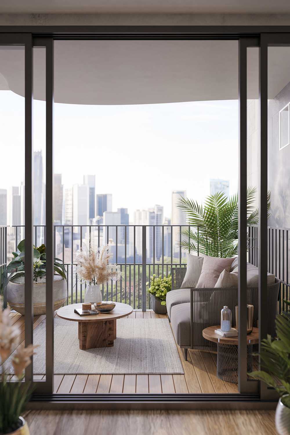 A modern balcony design and decor. The balcony has a wooden floor and is furnished with a plush sofa, a coffee table, a potted plant, and a few decorative items. The railing is made of metal and has a minimalist design. The background reveals a city skyline with tall buildings. The overall ambiance is serene.