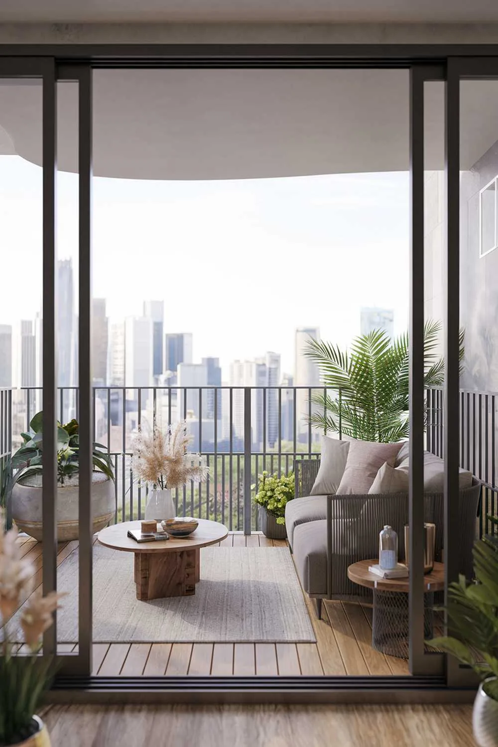 24 Must-See Modern Balcony Design Ideas for Stylish Living 24 A modern balcony design and decor. The balcony has a wooden floor and is furnished with a plush sofa, a coffee table, a potted plant, and a few decorative items. The railing is made of metal and has a minimalist design. The background reveals a city skyline with tall buildings. The overall ambiance is serene.