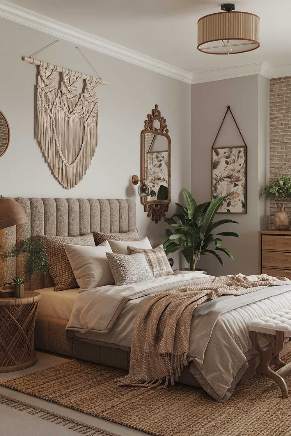 A cozy modern Boho bedroom decor with a stylish and highly detailed design. The room features a plush bed with a textured headboard and is adorned with a variety of pillows. There's a wooden side table with a lamp and a green plant next to the bed. The walls are painted in a light gray hue. A woven rug covers the floor. hanging above the bed is a macrame wall hanging. A vintage-style mirror with a floral pattern is placed on the wall. The room also contains a wooden dresser with a plant pot on top. The room is illuminated by a ceiling light fixture with a wooden shade.