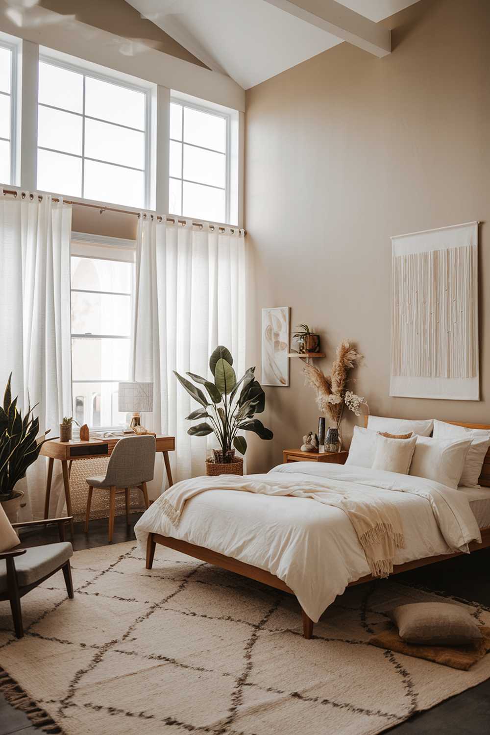 A modern boho bedroom with a cozy atmosphere. The room has a high ceiling and large windows with white curtains. The furniture includes a wooden bed with a white duvet cover and pillows, a nightstand, a desk, and a chair. The walls are painted beige, and there's a piece of wall art. The floor is covered with a large rug. There are plants, a lamp, and decorative items scattered around the room.