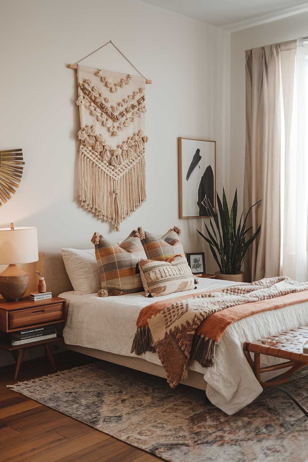 A modern Boho bedroom decor, with a queen-size bed adorned with a variety of pillows. The room has a rug, a wooden bedside table with a lamp, and a wall hanging. The room has a few pieces of art on the wall. There is a plant in the room. The room has a warm and inviting atmosphere.