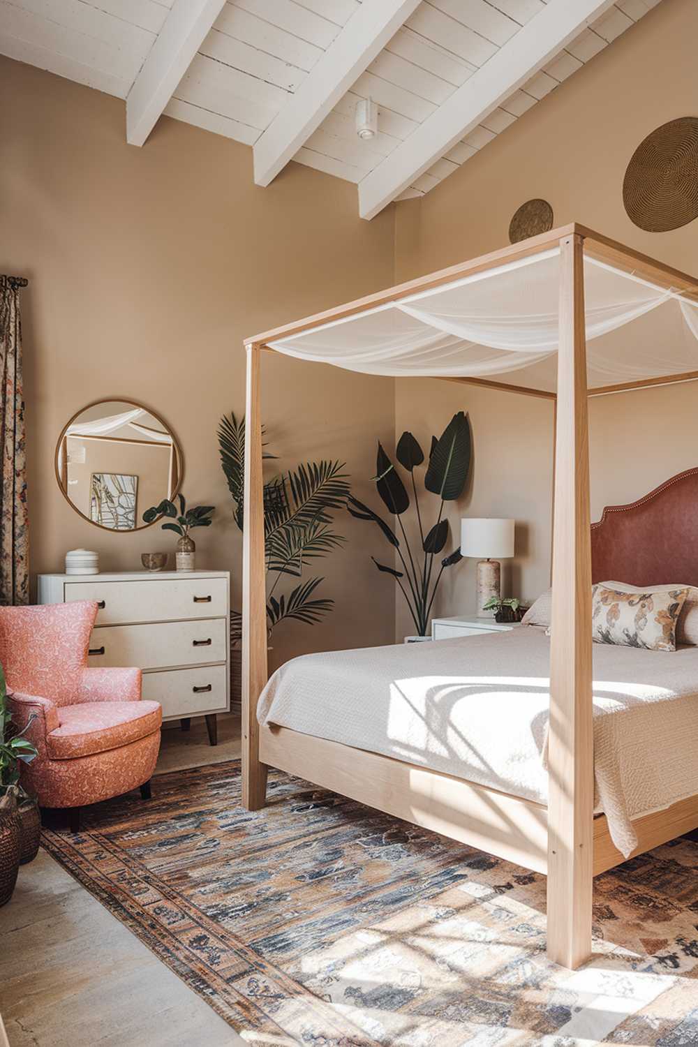 A Boho bedroom with stylish modern decor. The room has a high ceiling and is filled with natural light. The walls are painted beige. There's a wooden four-poster bed with a white canopy. The bed has a beige sheet and a brown leather headboard. Next to the bed is a pink chair with a floral pattern. There's a white dresser with four drawers near the bed. The room has a patterned rug. The walls have a few pieces of decor, including a large round mirror, a small white lamp, and a few potted plants.