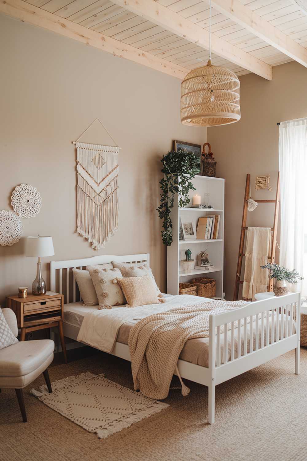 A modern Boho bedroom decor. The room has a beige wall, a wooden ceiling, and a beige carpet. There's a white wooden bed with a beige blanket and pillows. There's a wooden nightstand next to the bed. The nightstand has a lamp and a decorative item. There's a beige chair in the room. There's a white bookcase near the bed. The bookcase has books, a candle, and a decorative item. There's a wooden ladder next to the bookcase. The room has a few decorative items, such as a hanging plant, a dreamcatcher, and a wall hanging.