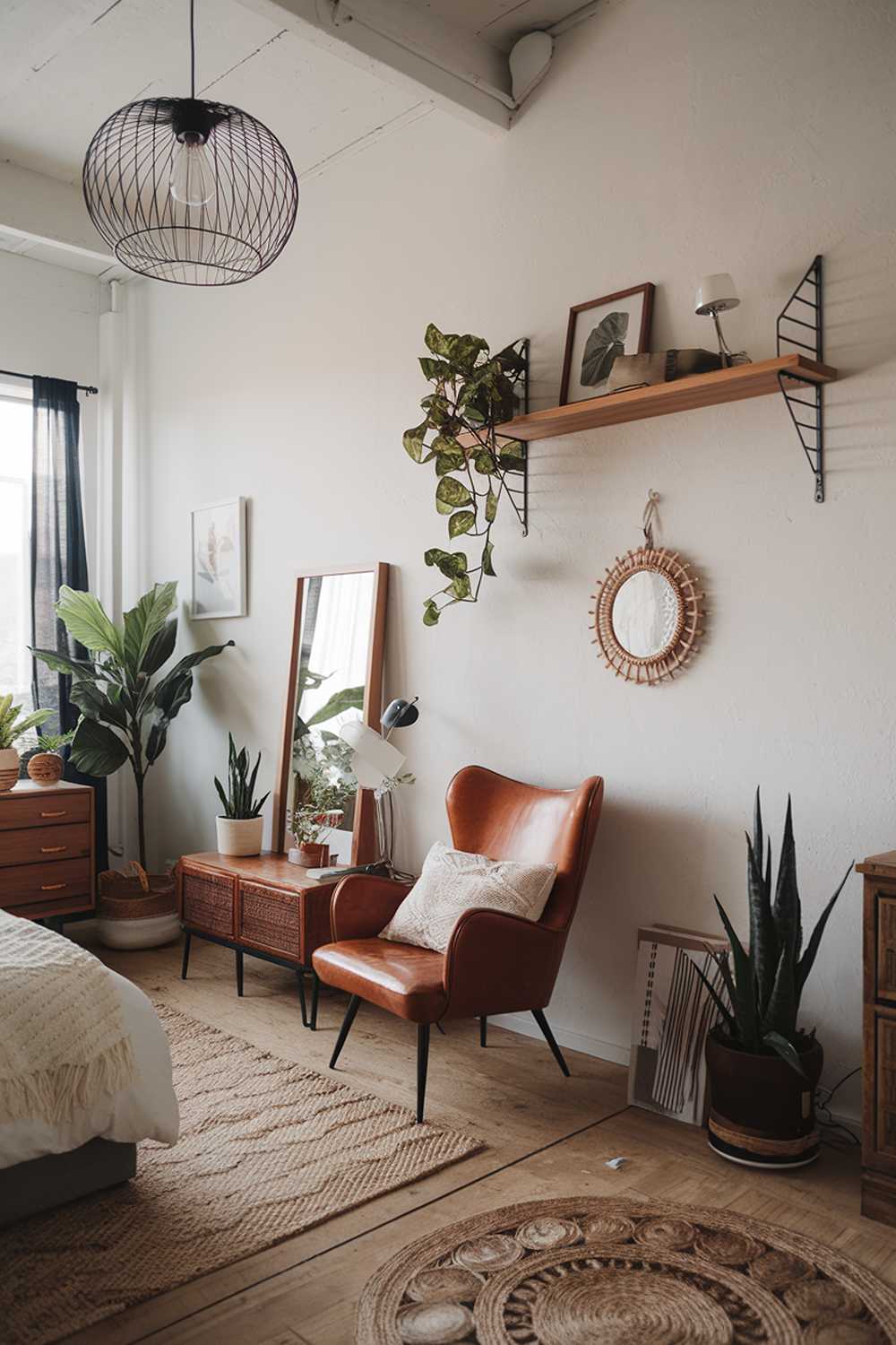 A modern Boho bedroom decor. The room has a white wall, a wooden floor, and a black light fixture hanging from the ceiling. There is a woven rug on the floor. A leather chair is placed near the wall. A wooden shelf is mounted on the wall, holding a few items. A potted plant is placed on the shelf. The room has a few decorative items, including a mirror, a lamp, and a few plants. The room has a few pieces of furniture, including a dresser and a bed. The bed has a white duvet and a few pillows. The room has a few decorative items, including a few pillows, a few plants, and a few decorative items.