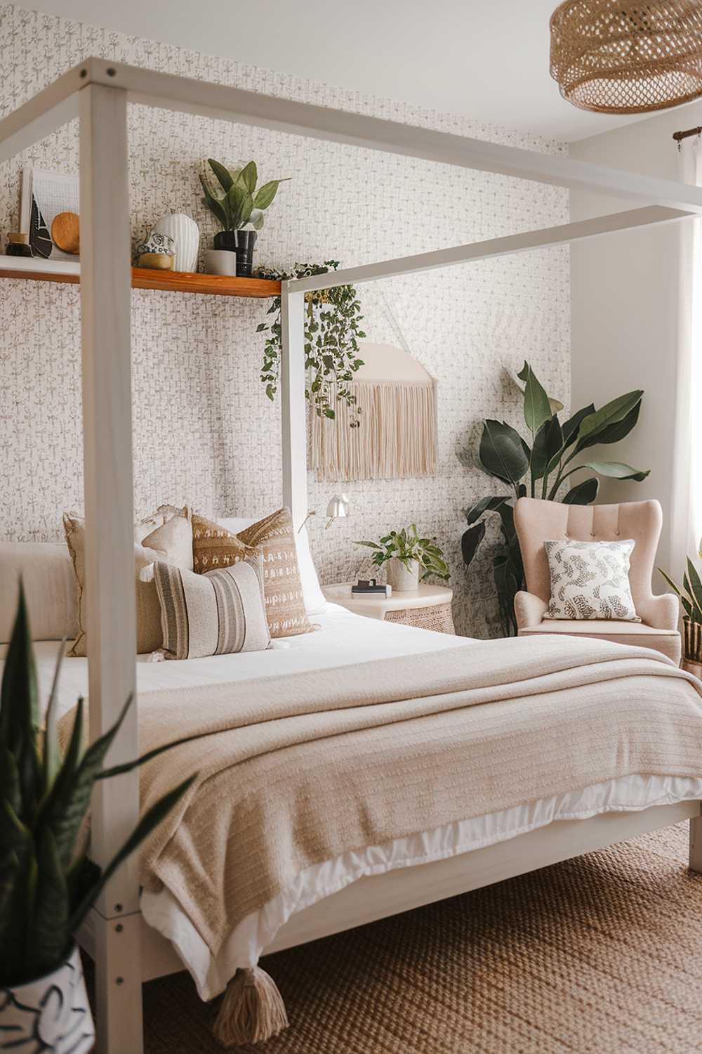 A modern Boho bedroom with stylish decor. The room has a white wooden canopy bed with a beige blanket and multiple throw pillows in various patterns. There is a beige chair with a patterned cushion next to the bed. The walls have a patterned wallpaper. There is a wooden shelf above the bed with a few decorative items. The floor has a woven rug. The room has a few potted plants.