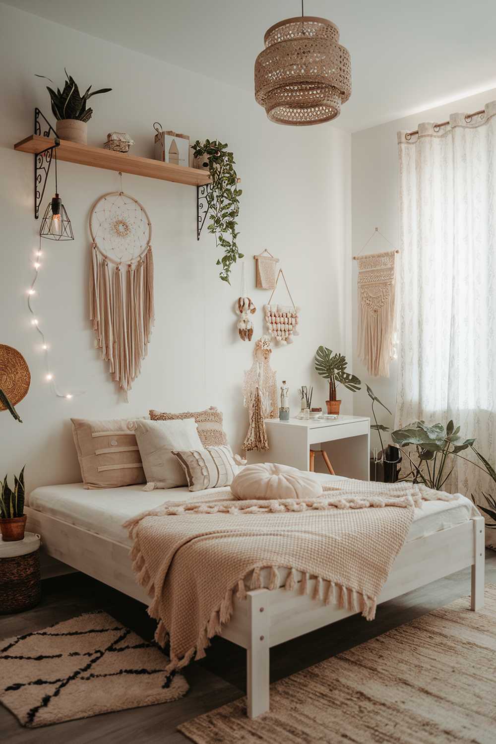 A modern Boho bedroom decor. The room has a white wooden bed frame with a beige blanket and a variety of pillows. There's a wooden shelf above the bed with a few decorative items. The floor has a beige rug. The walls have a few hanging items, including a dreamcatcher, a feather, and a few decorative lights. There's a small white desk near the bed with a plant on top. The room has a few other decorative items, including a lantern and a few small plants.